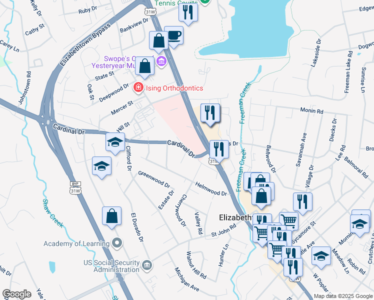 map of restaurants, bars, coffee shops, grocery stores, and more near 201 Woodland Court in Elizabethtown