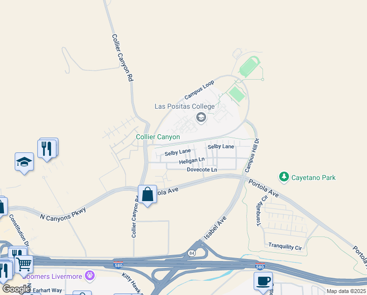 map of restaurants, bars, coffee shops, grocery stores, and more near 194 Selby Lane in Livermore