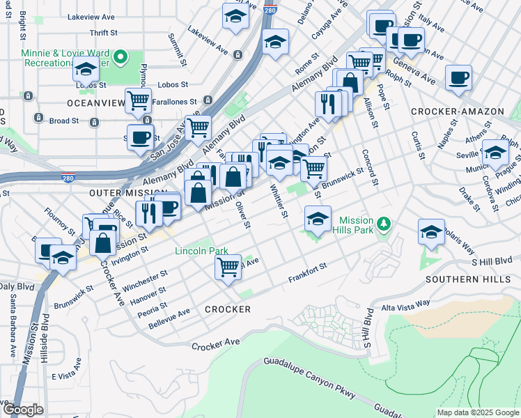 map of restaurants, bars, coffee shops, grocery stores, and more near in 