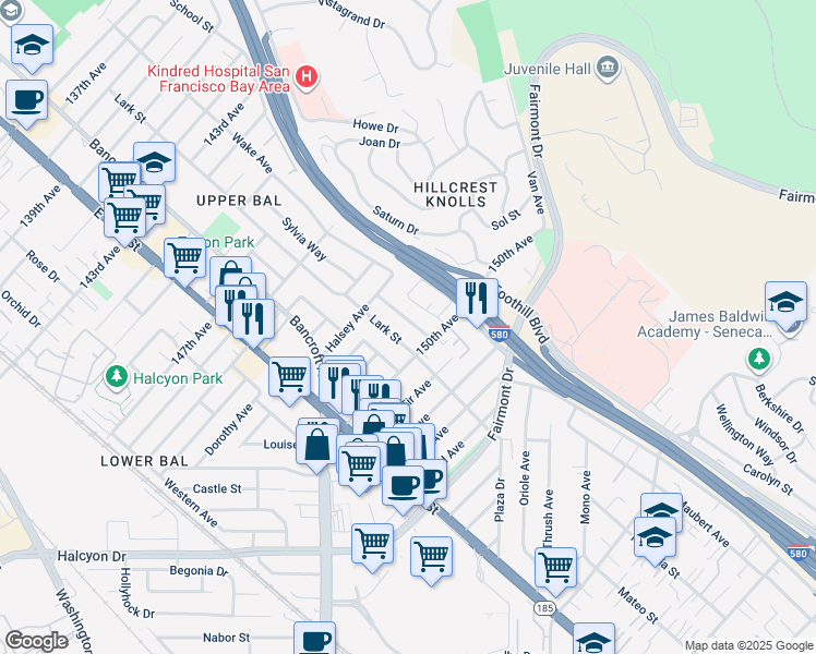map of restaurants, bars, coffee shops, grocery stores, and more near 14973 Patton Avenue in San Leandro
