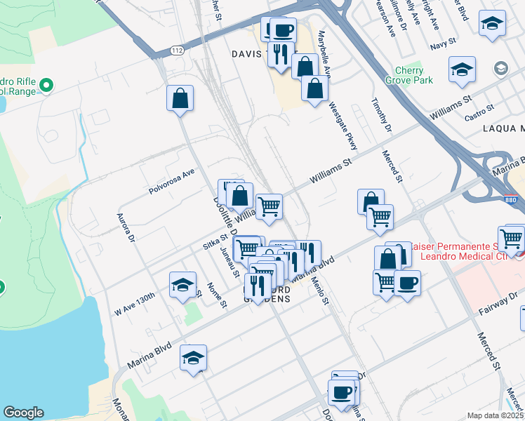 map of restaurants, bars, coffee shops, grocery stores, and more near 2109 Williams Street in San Leandro