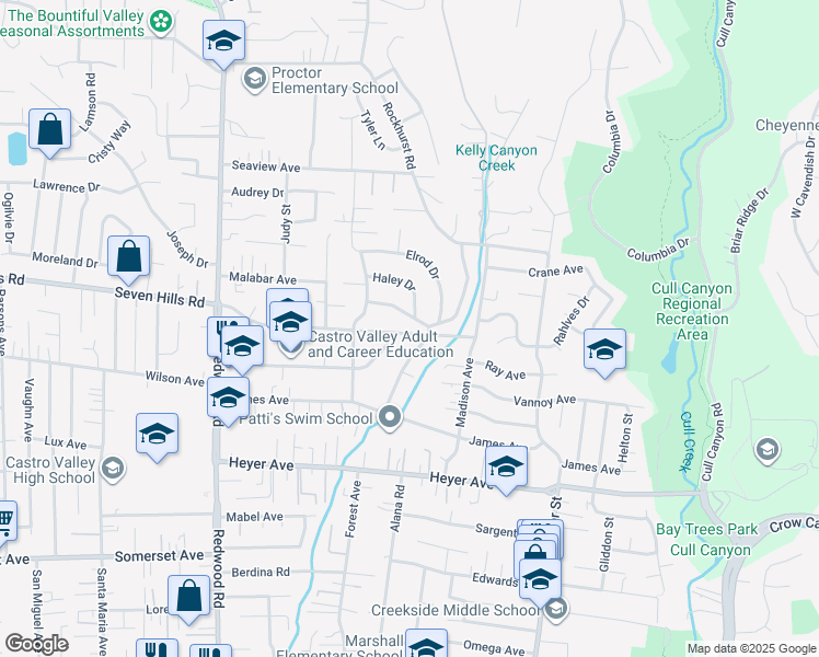 map of restaurants, bars, coffee shops, grocery stores, and more near 4866 Seven Hills Road in Castro Valley
