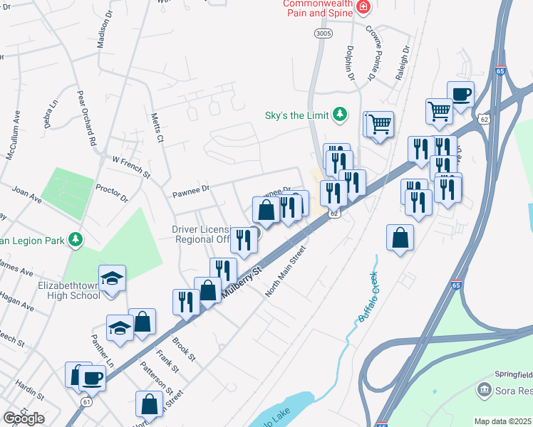 map of restaurants, bars, coffee shops, grocery stores, and more near 1012 Navaho Drive in Elizabethtown