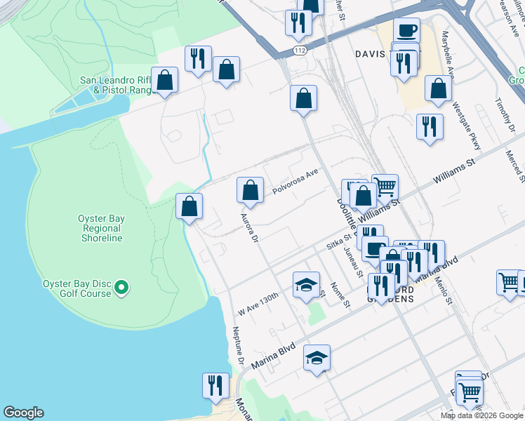 map of restaurants, bars, coffee shops, grocery stores, and more near 1500-12898 Aurora Drive in San Leandro