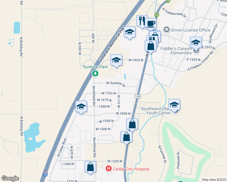 map of restaurants, bars, coffee shops, grocery stores, and more near 221 West 1725 North in Cedar City