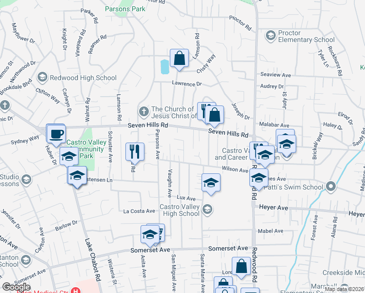 map of restaurants, bars, coffee shops, grocery stores, and more near 3987 Westbury Road in Castro Valley