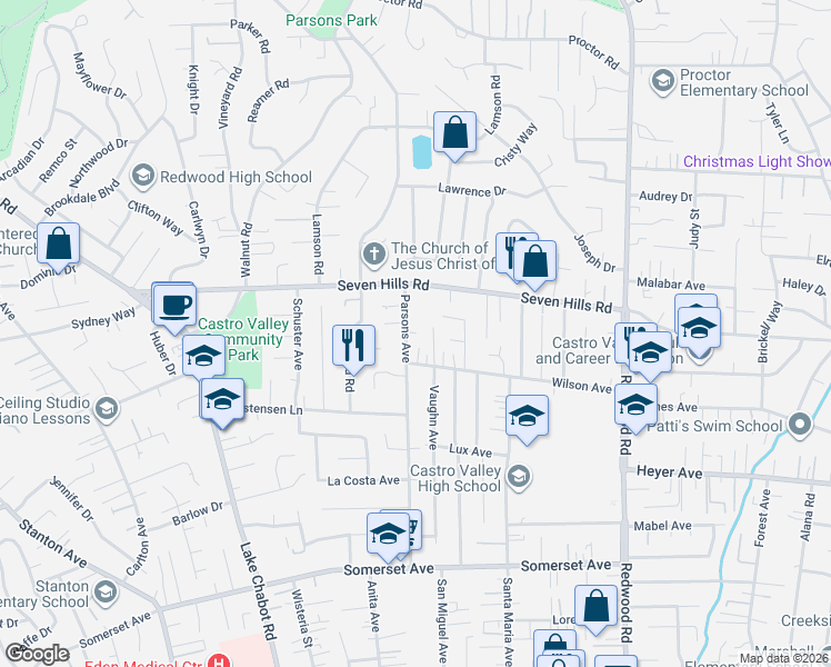 map of restaurants, bars, coffee shops, grocery stores, and more near 3810 Wilson Avenue in Castro Valley