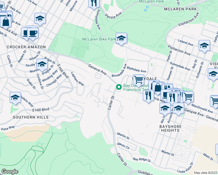 map of restaurants, bars, coffee shops, grocery stores, and more near 103 Carter Street in Daly City