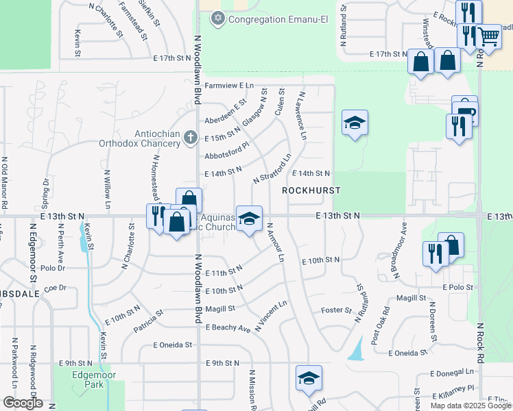 map of restaurants, bars, coffee shops, grocery stores, and more near 6700-6798 East 13th St N in Wichita