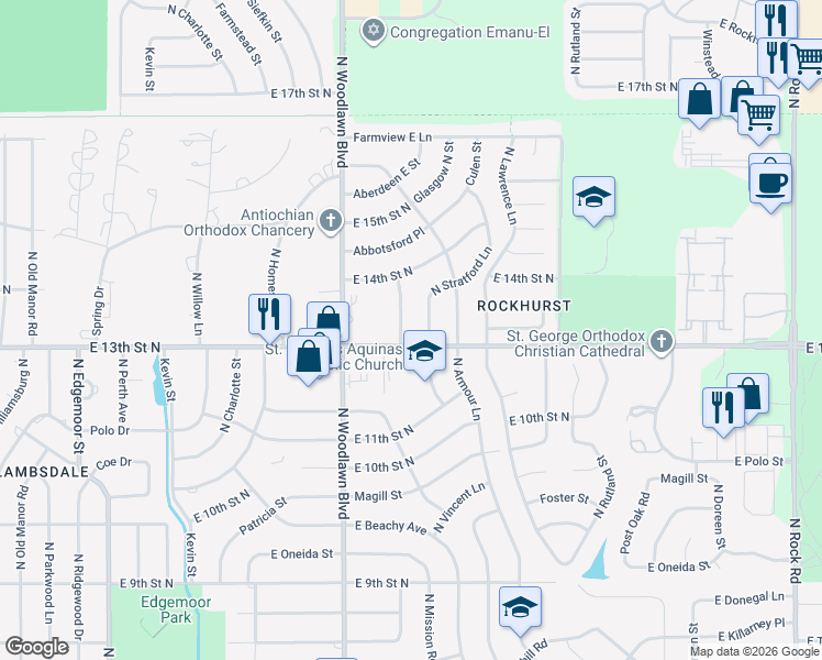 map of restaurants, bars, coffee shops, grocery stores, and more near in Wichita
