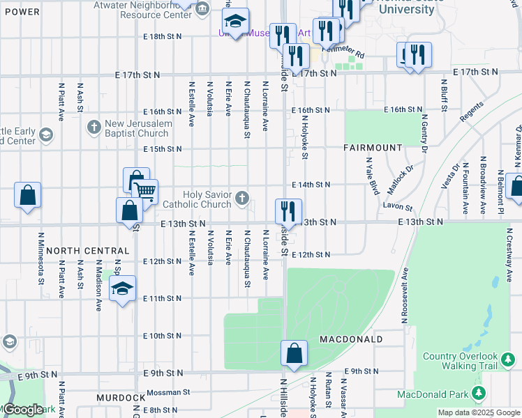 map of restaurants, bars, coffee shops, grocery stores, and more near 1401 N Lorraine Ave in Wichita
