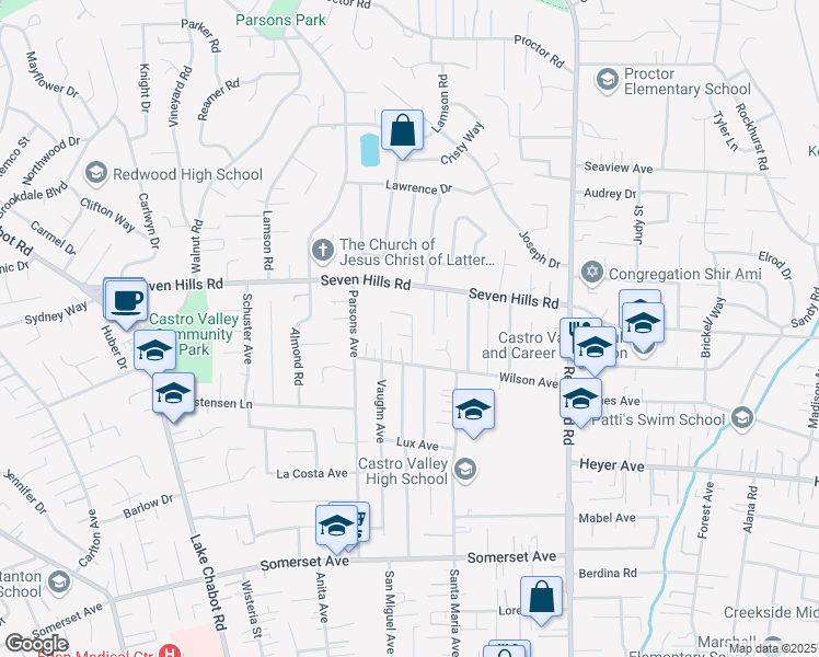 map of restaurants, bars, coffee shops, grocery stores, and more near 18945 Thornbury Avenue in Castro Valley