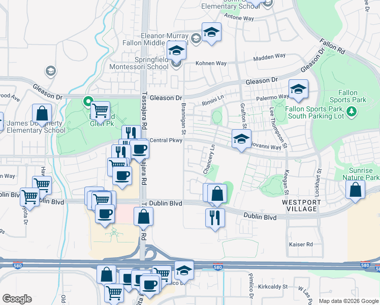 map of restaurants, bars, coffee shops, grocery stores, and more near 3744 Whitworth Drive in Dublin
