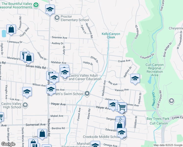map of restaurants, bars, coffee shops, grocery stores, and more near 4866 Seven Hills Road in Castro Valley