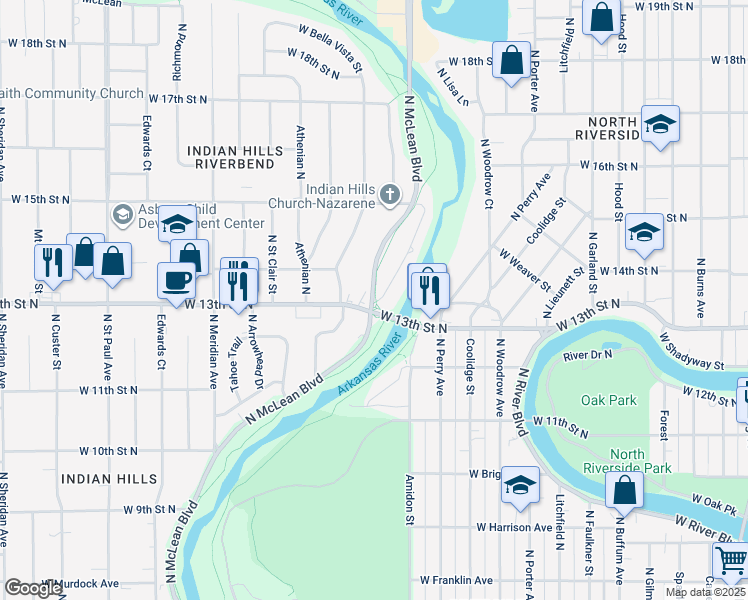 map of restaurants, bars, coffee shops, grocery stores, and more near 2101 West 13th Street North in Wichita