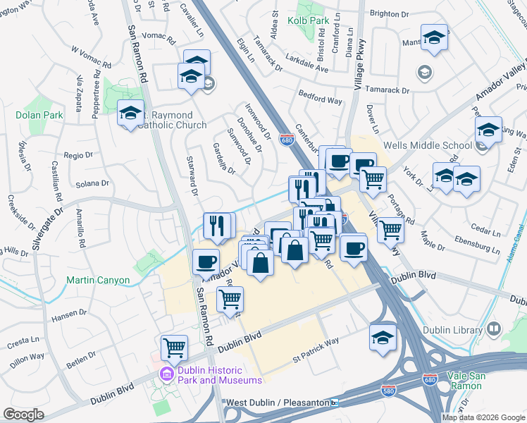 map of restaurants, bars, coffee shops, grocery stores, and more near 7491 Donohue Drive in Dublin