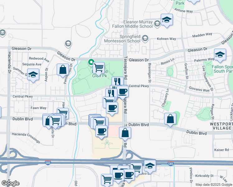 map of restaurants, bars, coffee shops, grocery stores, and more near 4680 Tassajara Road in Dublin