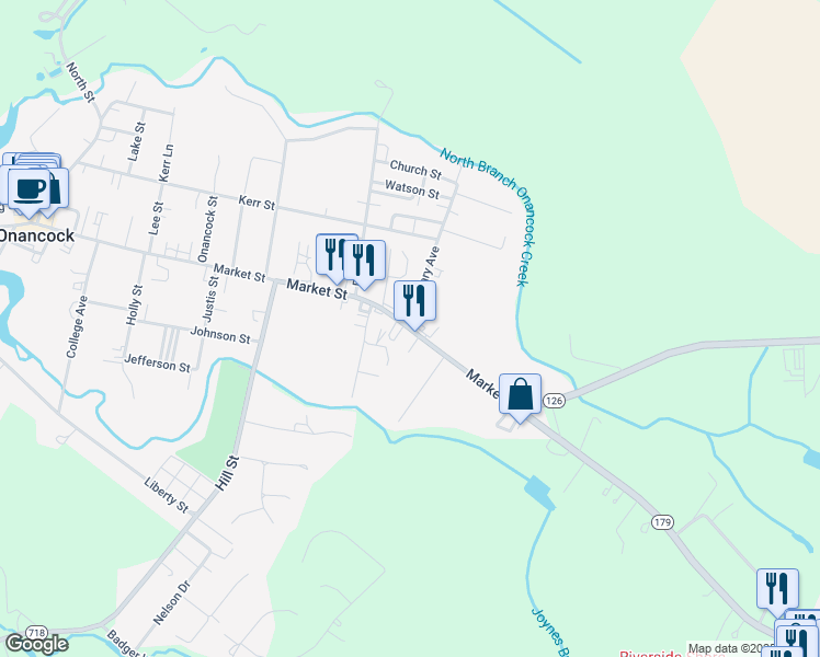 map of restaurants, bars, coffee shops, grocery stores, and more near 165 Market Street in Onancock