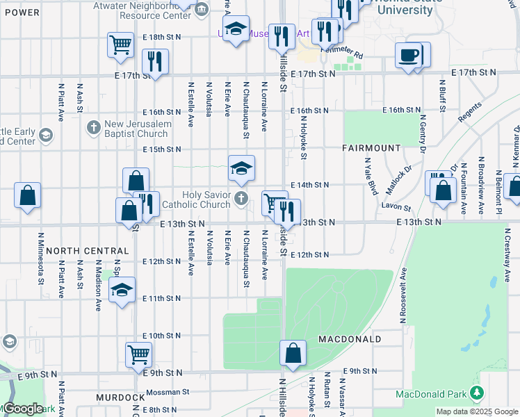 map of restaurants, bars, coffee shops, grocery stores, and more near 1401 N Lorraine Ave in Wichita