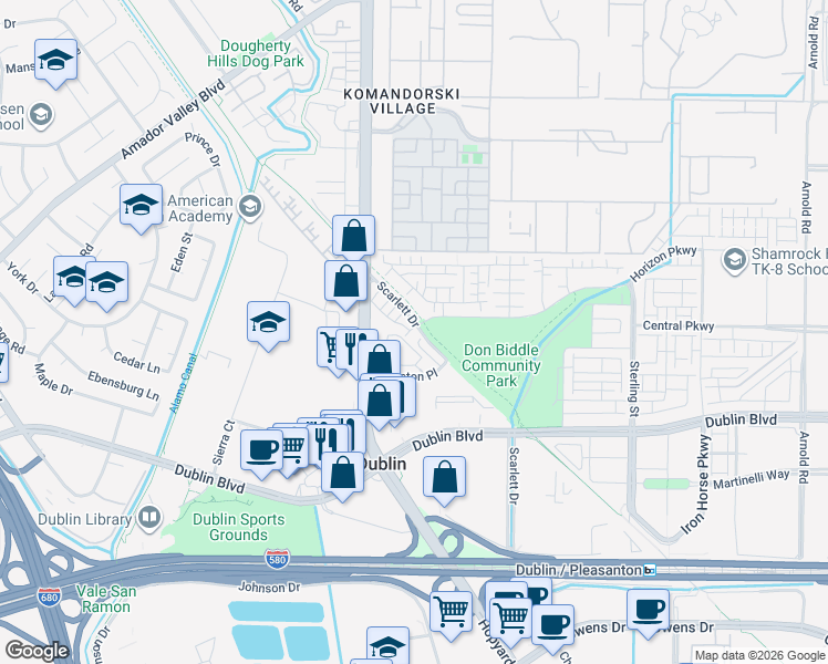 map of restaurants, bars, coffee shops, grocery stores, and more near 6282 Kerry Court in Dublin