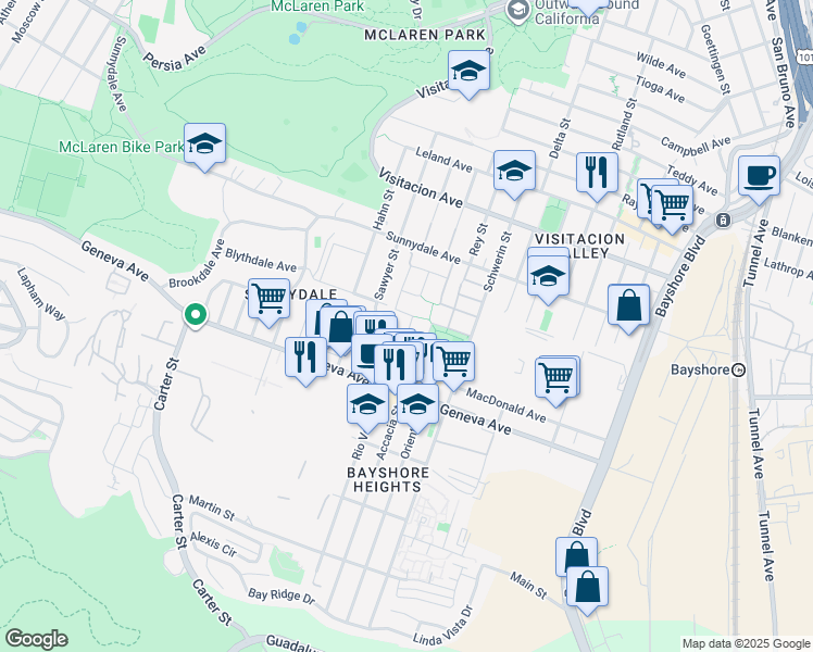 map of restaurants, bars, coffee shops, grocery stores, and more near 241 Velasco Avenue in San Francisco
