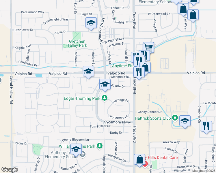 map of restaurants, bars, coffee shops, grocery stores, and more near 974 Shelborne Drive in Tracy