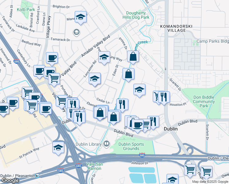map of restaurants, bars, coffee shops, grocery stores, and more near 6637 Spruce Lane in Dublin