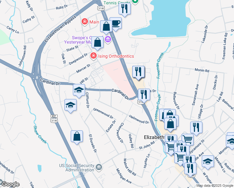 map of restaurants, bars, coffee shops, grocery stores, and more near 201-299 Woodland Court in Elizabethtown
