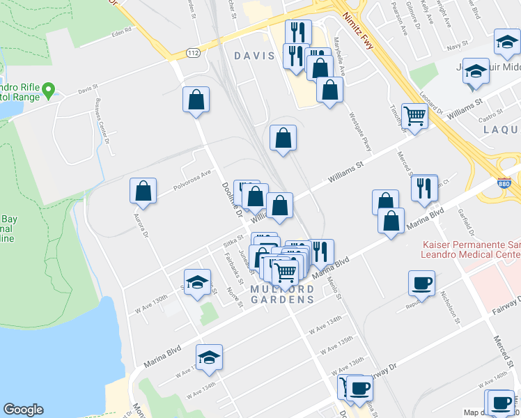 map of restaurants, bars, coffee shops, grocery stores, and more near 2194 Williams Street in San Leandro
