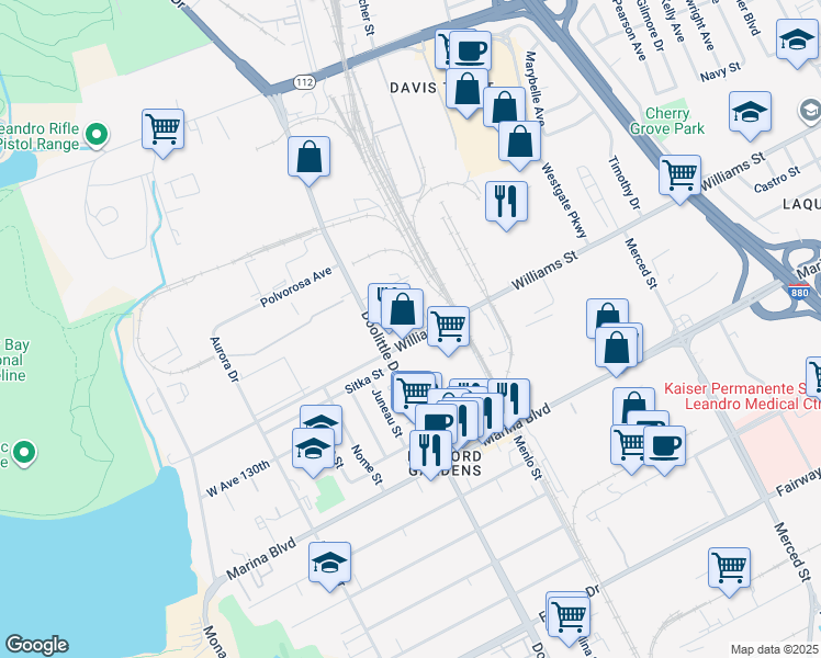 map of restaurants, bars, coffee shops, grocery stores, and more near 2194 Williams Street in San Leandro