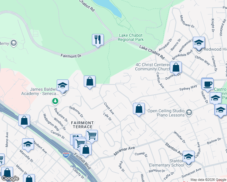map of restaurants, bars, coffee shops, grocery stores, and more near 18632 Laredo Road in Castro Valley
