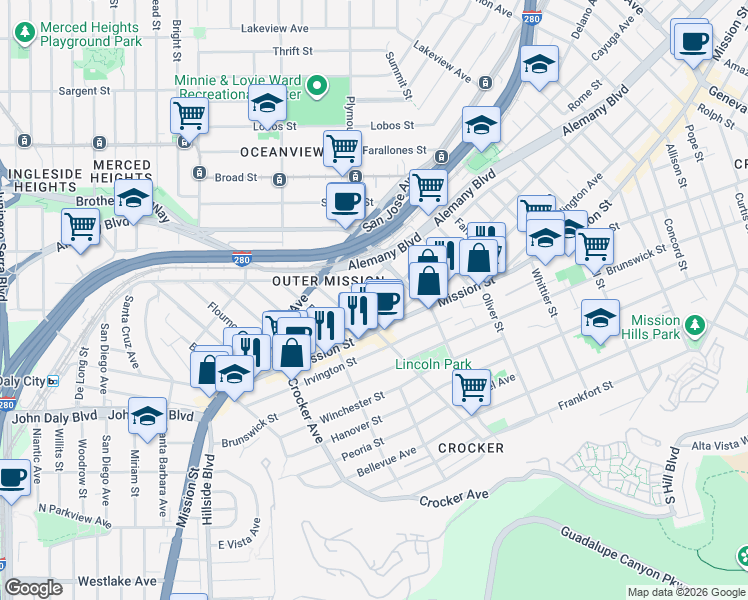 map of restaurants, bars, coffee shops, grocery stores, and more near 20 Lessing Street in San Francisco