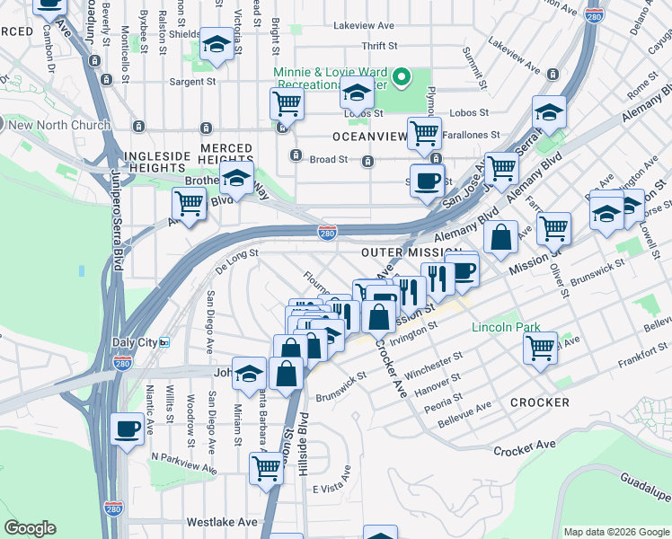 map of restaurants, bars, coffee shops, grocery stores, and more near 136 Wilson Street in San Francisco