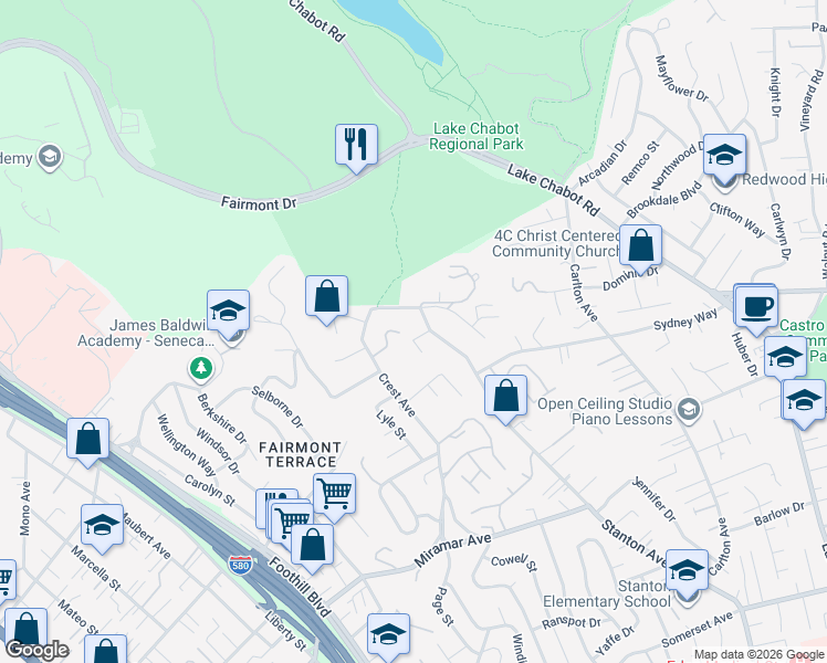 map of restaurants, bars, coffee shops, grocery stores, and more near 18632 Laredo Road in Castro Valley