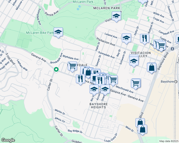 map of restaurants, bars, coffee shops, grocery stores, and more near 38 Calgary Street in San Francisco