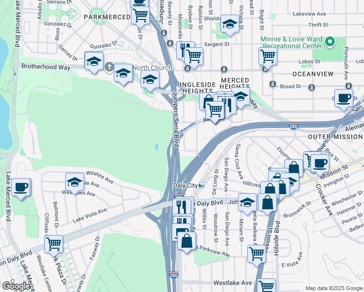 map of restaurants, bars, coffee shops, grocery stores, and more near 380 Chester Avenue in San Francisco