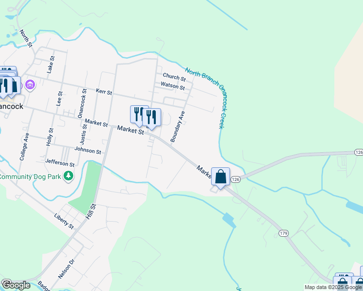map of restaurants, bars, coffee shops, grocery stores, and more near 165 Market Street in Onancock