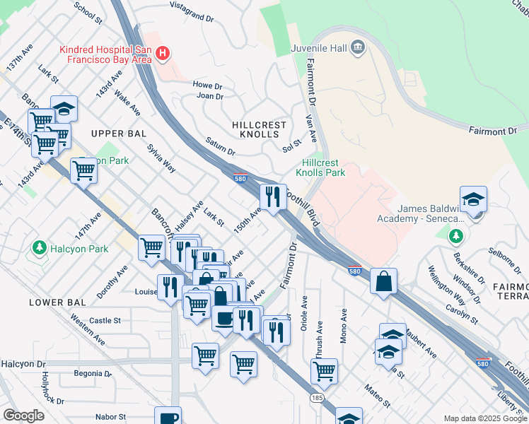 map of restaurants, bars, coffee shops, grocery stores, and more near 15015 Freedom Avenue in San Leandro