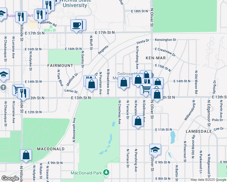 map of restaurants, bars, coffee shops, grocery stores, and more near 1402 N Belmont St in Wichita