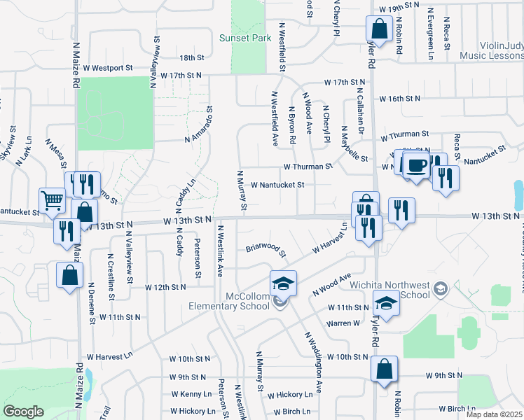 map of restaurants, bars, coffee shops, grocery stores, and more near 1414 North Murray Court in Wichita