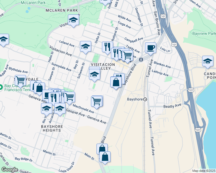 map of restaurants, bars, coffee shops, grocery stores, and more near 220 Talbert Street in San Francisco