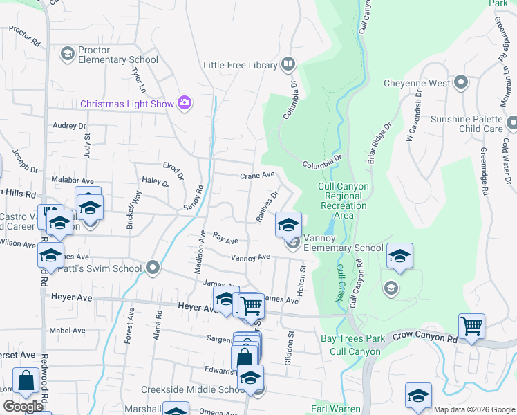 map of restaurants, bars, coffee shops, grocery stores, and more near 5170 Rahlves Drive in Castro Valley