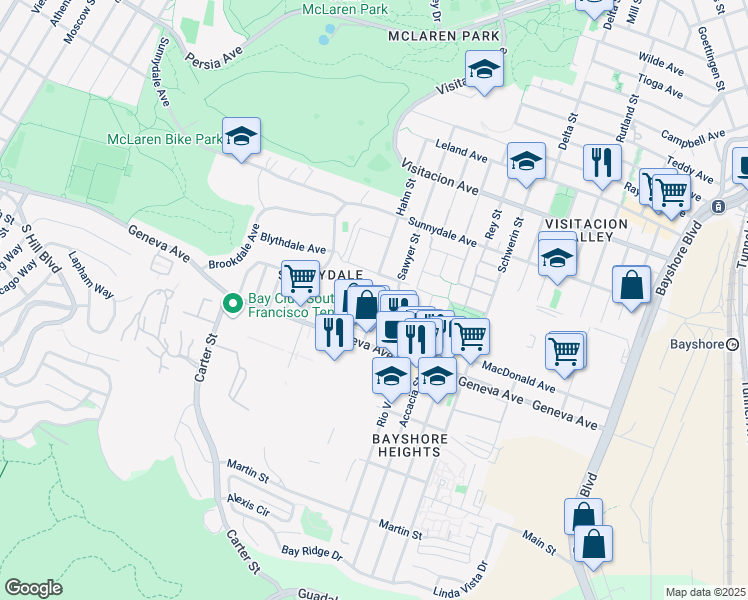 map of restaurants, bars, coffee shops, grocery stores, and more near 38 Calgary Street in San Francisco