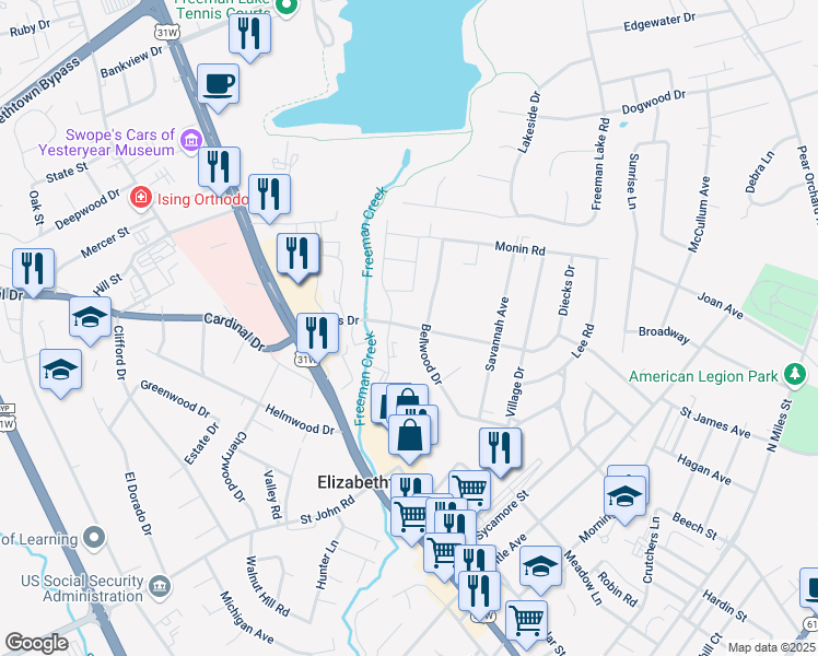 map of restaurants, bars, coffee shops, grocery stores, and more near 111 Helmwood Plaza Drive in Elizabethtown