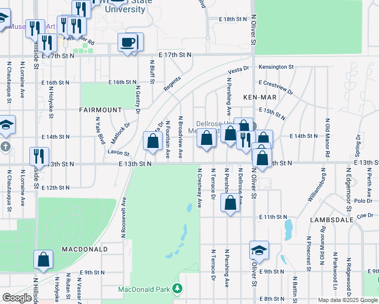 map of restaurants, bars, coffee shops, grocery stores, and more near 1402 N Belmont St in Wichita