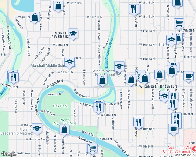 map of restaurants, bars, coffee shops, grocery stores, and more near in Wichita