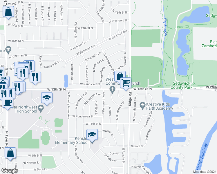 map of restaurants, bars, coffee shops, grocery stores, and more near 1330 North Dunsworth Avenue in Wichita