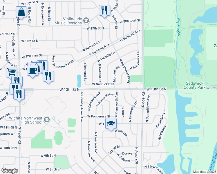 map of restaurants, bars, coffee shops, grocery stores, and more near 1347 N Emerson Ave in Wichita