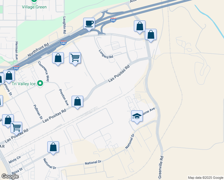 map of restaurants, bars, coffee shops, grocery stores, and more near 7337 Las Positas Road in Livermore