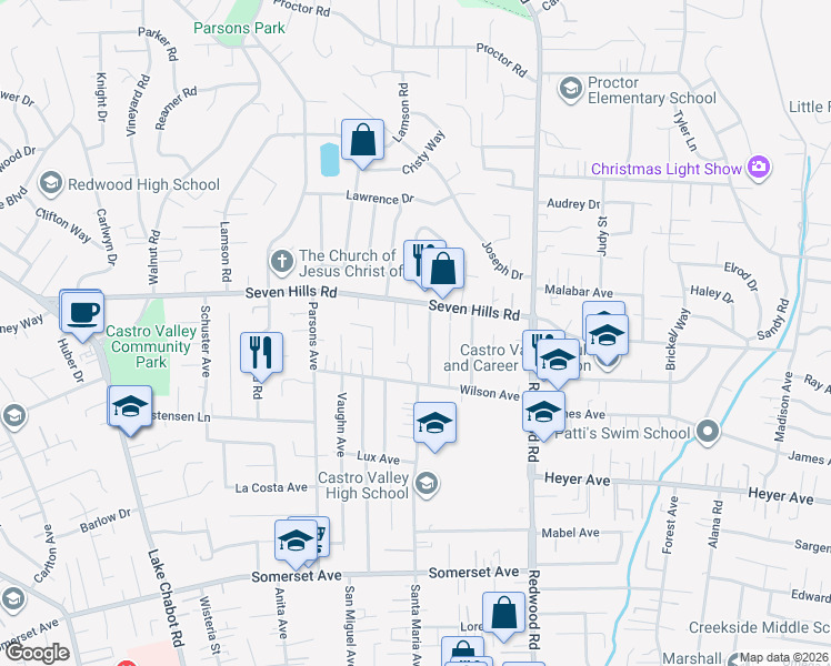 map of restaurants, bars, coffee shops, grocery stores, and more near 18840 Cameo Court in Castro Valley